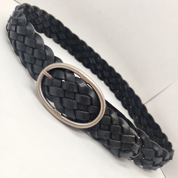 B-Low belt women's L black thick 100% leather Kyra braided solid brass buckle